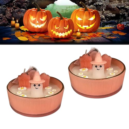 OKESYO Rosa Geist Kerzen, 2 Stück Süße Halloween Geister Kerze, Duftende Geist Halloween Kerze, Rosa Duftkerzen Geschenk für Halloween, Schlafzimmer, Zimmer, Tischdekorationen von OKESYO