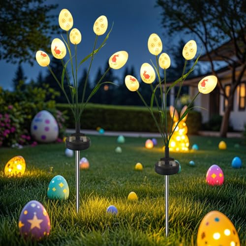 OKESYO Solar Ostereier Lichter, 2 Stück 6 LED Ostereier Solarlampen, Wasserdicht IP65 Ostereier Lichter für Ostern Deko, Geschenke für Frauen Männer Mama von OKESYO