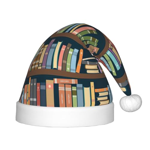 OKFSTY Weihnachtsmütze mit Cartoon-Bücherregal, Bücherwurm, Weihnachtsmannmütze, Weihnachtsmütze für Teenager, weich, Unisex, klassische Weihnachtsmannmütze von OKFSTY