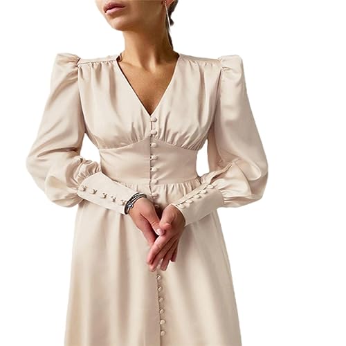 OKGD Elegantes Satin-A-Linien-Party-Midikleid für Damen, Laterne, Lange Ärmel, V-Ausschnitt, Knöpfe, ausgestellte Kleider, Herbst, Frühling, neu, Vestidos-Beige-L von OKGD