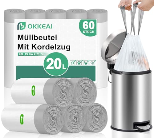 OKKEAI Müllbeutel 20L mit Zugband Mülltüten mit Kordelzug 60 Stück Weiß Müllsäcke Tragegriff Abfallbeutel von OKKEAI