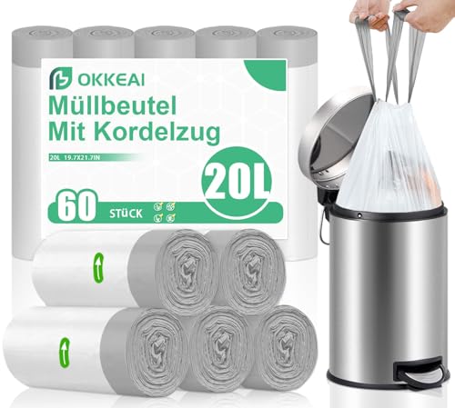 OKKEAI 20Liter Müllbeutel mit Kordelzug Müllsäcke 60 Stück Abfallbeute mit Griff,Weiß Küchen Müllbeutel ﻿ von OKKEAI