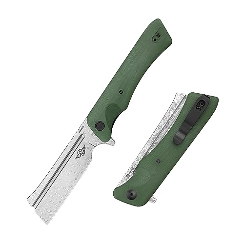 OKNIFE Freeze3 Taschenmesser Damaststahl, Klappmesser mit Damastklinge, Cleaver Damastmesser mit G10 blauem Griff und Pocket Clip, Flipper Messer für Outdoor/Camping/Wandern/Jagd (OD Grün) von OKNIFE