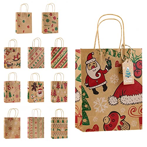 Geschenktüten Weihnachten Kraft Papier Braun - 12 Stück Papiertüten Kraftpapier Geschenktasche mit Henkel - Nikolaus Papiersackerl Geschenk Tüten zum Befüllen Bio Weihnachts Tasche Geschenkbeutel Set von OKPOW