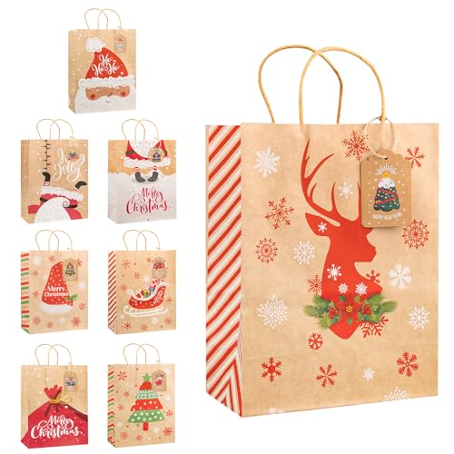 Geschenktüten Weihnachten Kraft Papier Braun - 8 Stück Papiertüten Kraftpapier Geschenktasche mit Henkel - Nikolaus Papiersackerl Geschenk Tüten zum Befüllen Bio Weihnachts Tasche Geschenkbeutel Set von OKPOW