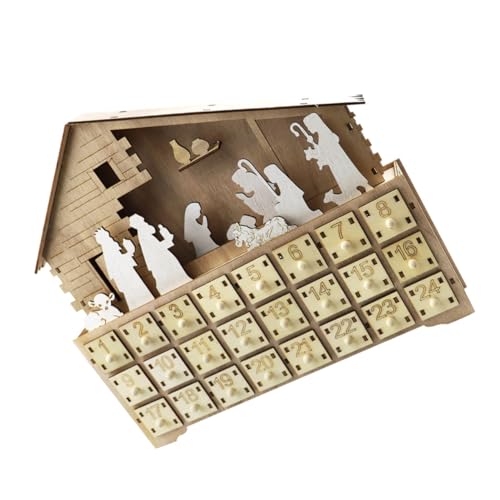 OKUMEYR 1Stk Kalender aus Holz Krippen adventskalender Zahlenverzierungen Weihnachtsadvent Heimbüro led licht fernbedienung led-light Home-Desktop-Kalender Schubladenkalender hölzern von OKUMEYR