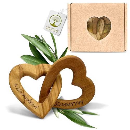 OLIQUE Holzherzen personalisiert, Olivenholz - Verbundene Holz Herzen mit Gravur als individuelles Geschenk zur Hochzeit, Hochzeitstag oder Verlobung (5 cm) von OLIQUE