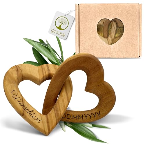 OLIQUE Holzherzen personalisiert, Olivenholz - Verbundene Holz Herzen mit Gravur als individuelles Geschenk zur Hochzeit, Hochzeitstag oder Verlobung (8 cm) von OLIQUE