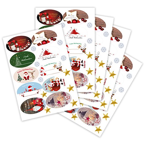 100 Weihnachtsaufkleber Weihnachtssticker XMAS mit verschiedenen Motiven oval 60 x 35 mm, auf DIN A5 Bogen (5 x 20 Aufkleber), Haftpapier glänzend, Weihnachtetiketten von OLShop AG