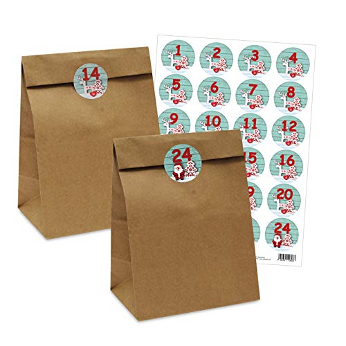 Adventskalender 25 Papiertüten Größe L mit 24 Zahlenaufklebern Rentier von OLShop AG