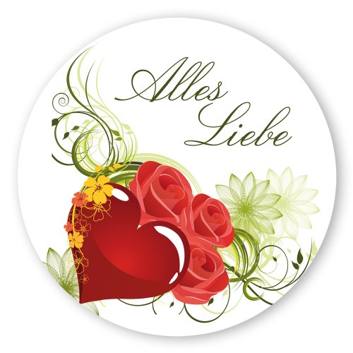 Geschenk-Aufkleber Alles Liebe mit Rosen, rund Aufkleber Alles Liebe mit Herz, rund Ø 30mm selbstklebende PE-Folie, 100 Stück auf Rolle von OLShop AG