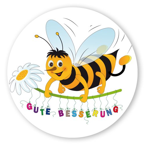 Geschenk-Aufkleber Gute Besserung mit Biene, rund Ø 30mm selbstklebende PE-Folie, 100 Stück auf Rolle von OLShop AG