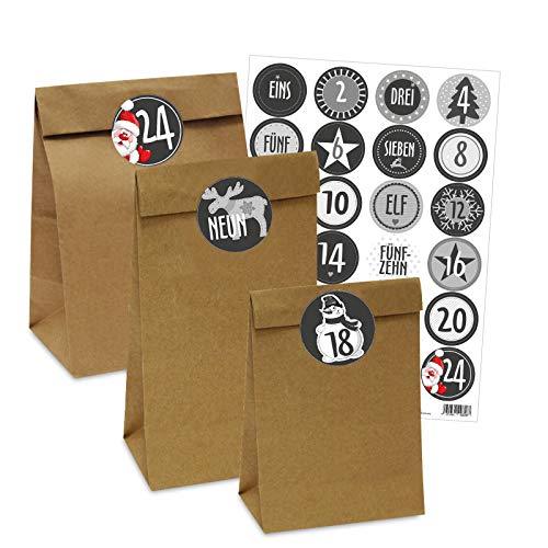 OLShop AG Adventskalender 25 Papiertüten Verschiedene Größen mit 24 Zahlenaufklebern Schwarz/Weiß von OLShop AG