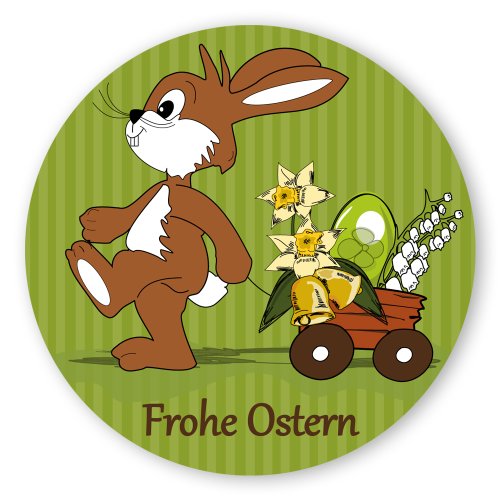 Oster-Aufkleber Ostern-Sticker rund Ø 30mm selbstklebende PE-Folie, 100 Stück auf Rolle Frohe Ostern mit Osterhase und Wagen von OLShop AG