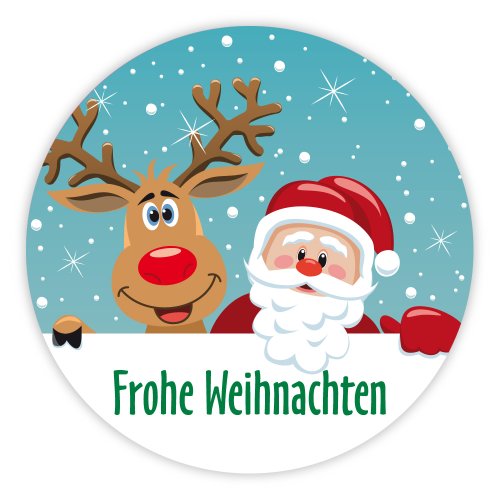 Weihnachtsaufkleber Weihnachtssticker Frohe Weihnachten - Rentier mit Weihnachtsmann rund Ø 30 mm, 100 Stück auf Rolle, Haftpapier glänzend von OLShop AG