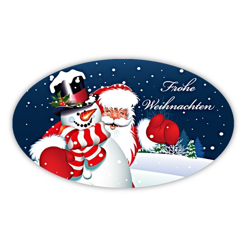 Weihnachtsaufkleber Weihnachtssticker Frohe Weihnachten Schneemann mit Weihnachtsmann oval 60 x 35 mm, 100 Stück auf Rolle, Haftpapier glänzend von OLShop AG