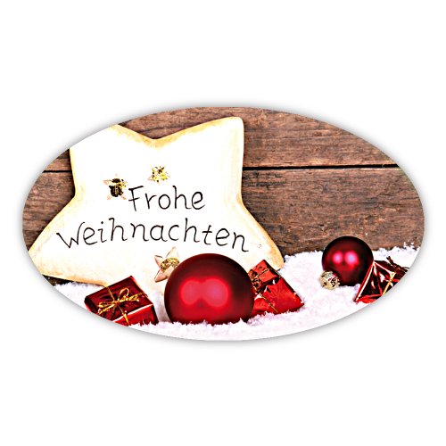 Weihnachtsaufkleber Weihnachtssticker Frohe Weihnachten auf Stern oval 60 x 35 mm, 100 Stück auf Rolle, Haftpapier glänzend von OLShop AG