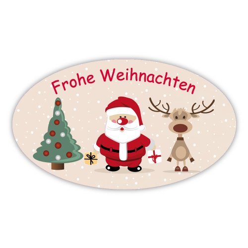 Weihnachtsaufkleber Weihnachtssticker Frohe Weihnachten mit Baum, Weihnachtsmann, Rentier oval 60 x 35 mm, 100 Stück auf Rolle, Haftpapier glänzend von OLShop AG