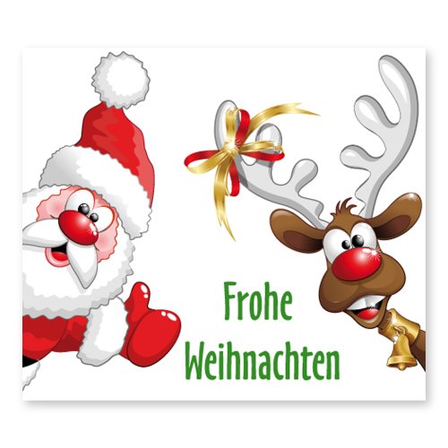 Weihnachtsaufkleber Weihnachtssticker Frohe Weihnachten mit Weihnachtsmann und Rentier Größe 40 x 35 mm, 100 Stück auf Rolle, Haftpapier glänzend von OLShop AG