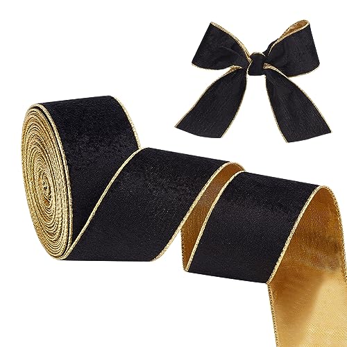 OLYCRAFT 10 Yards/9.1 m Weiches Samtband Mit Draht In Gold Und Schwarz 65mm Samtband Mit Draht Flache Baumwollbänder Mit Goldfarbener Rückseite Für Geschenkverpackungen Blumenstraußdekoration von OLYCRAFT