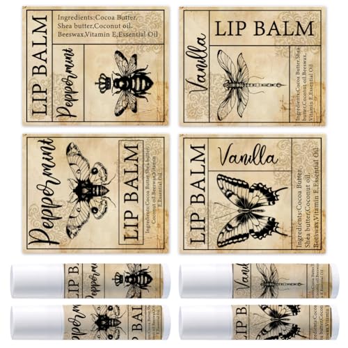 OLYCRAFT 100 Stück 4 Stile Bienen-Schmetterlings-Lippenstift-Tag-Aufkleber Vintage-Lippenbalsam-Etikettenaufkleber 54x44 mm Mit Libelle Für Lippenbalsam-Behälter Tuben Verpackungsdekorationen von OLYCRAFT