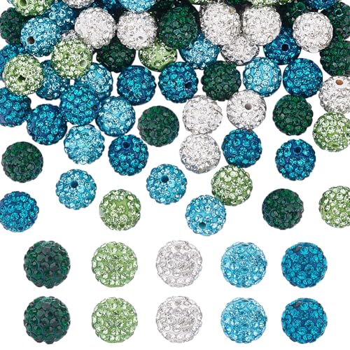 OLYCRAFT 100 Stück 5 Farben 10mm Strass Perlen Grün Weiße Tonperlen Polymer Ton Pflaster Kristallperlen Disco Kugel Perlen 1.5mm Loch Runde Diamant Perlen Für Die Schmuckherstellung Party Dekor von OLYCRAFT