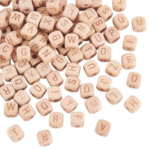 OLYCRAFT 104 Stück/4 Sets 10mm Alphabet Holzperlen Mit 4mm Loch 26 Buchstaben Holzperlen Natürliche Buche Quadratische Holzperlen Holzwürfelperlen Mit Anfangsbuchstaben Für Schmuckherstellung von OLYCRAFT