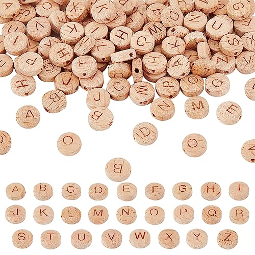 OLYCRAFT 104 Stück 10 mm Alphabet Holzperlen Runde Flache Alphabetperlen Flache Holzperlen Aus Naturbuche Mit 1.6mm Loch Lose Holzperlen Für Die Schmuckherstellung Und Heimwerkerarbeiten - 4 Sets von OLYCRAFT