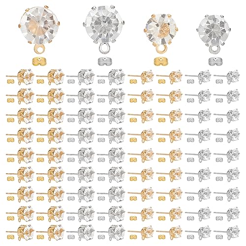 OLYCRAFT 120 Stück 4 Stil Ohrstecker Mit Schlaufe Ohrsteckerzubehör Mit Klarem Kubischem Zirkonia Runder Leerer Ohrstecker Gold Und Silber Strasssteine Für DIY Ohrringe Schmuckherstellung von OLYCRAFT