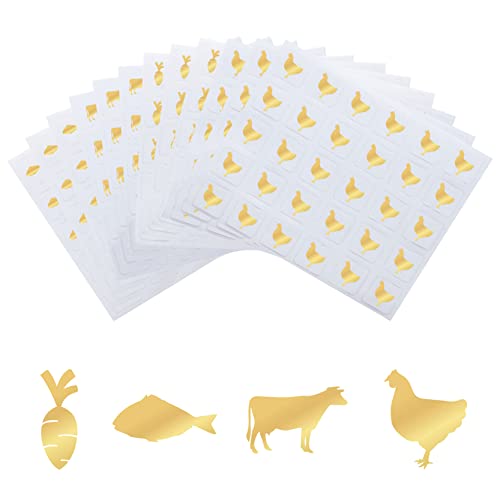 OLYCRAFT 1200 Stück 4 Stile Goldene Mahlzeit Aufkleber 25 mm Lebensmittelauswahl Aufkleber Kuh/Huhn/Fisch/Karotte Hochzeits Indikator Aufkleber Küchenaufkleber Für Tischkarten Partyzubehör von OLYCRAFT