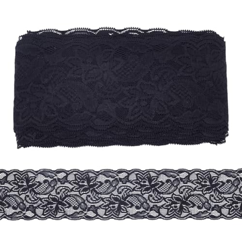 OLYCRAFT 13.7 m Schwarzes Dehnbares Spitzenband Aus Nylon 84mm Breit Spitzenbesatz Mit Blumenmuster Spitzenband Brautschleier Spitzenstoff Zum Nähen Herstellen von DIY Basteln Hochzeitskleid Dekor von OLYCRAFT