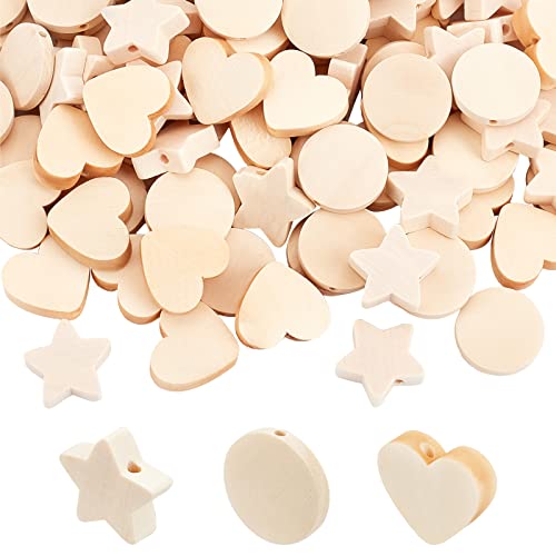 OLYCRAFT 150Pcs 3 Stil natürliche Holzperlen Stern Holzperlen Herz Runde unvollendete hölzerne lose Perlen Abstandshalter Perlen mit Loch für Handwerk DIY Schmuck machen -19~20x20x5~6mm von OLYCRAFT