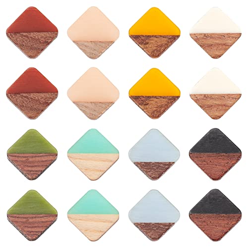 OLYCRAFT 16 Stück Harz Holz Cabochons Quadratisch Zweifarbig Ohne Loch 13.5mm Rohlinge Holz Cabochons Vintage Harz Holz Statement Für Halskette Ohrring DIY-Schmuckherstellung – 8 Farben von OLYCRAFT