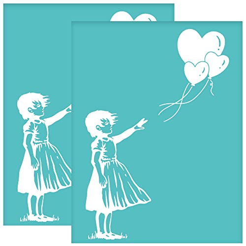 OLYCRAFT 2 Stück 22x28 cm Banksy Selbstklebende Siebdruckschablone Banksy Ballon Mädchen Siebdruckschablone Herzballon Wiederverwendbare Netzschablonen Transfer Für DIY T Shirt Stoffmalerei von OLYCRAFT