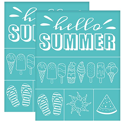 OLYCRAFT 2 Stück 22x28 cm Hallo Thema Sommer Selbstklebende Siebdruckschablone Eiscreme Flip Flops Siebdruckschablone Sonne Wassermelone Netzschablonen Transfer Für DIY T Shirt Stoffmalerei von OLYCRAFT