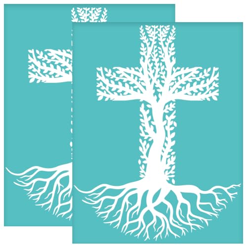 OLYCRAFT 2 Stück 22x28cm Baum Des Lebens Selbstklebende Siebdruckschablone "Wurzeln In Christus" Siebdruckschablone Kreuzmuster Wiederverwendbare Netzschablonen Transfer Für DIY T-Shirt Stoff von OLYCRAFT