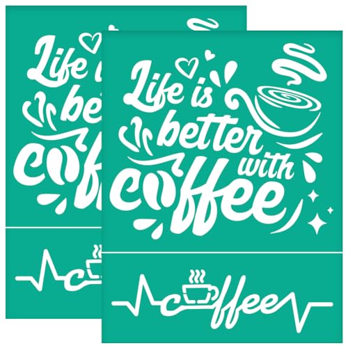 OLYCRAFT 2 Stück 22x28cm Kaffee Selbstklebende Siebdruckschablone "Das Leben Ist Besser Mit Kaffee" Siebschablone Pflanzenthema Wiederverwendbare Netzschablonen Transfer Für DIY T-Shirt Stoff von OLYCRAFT