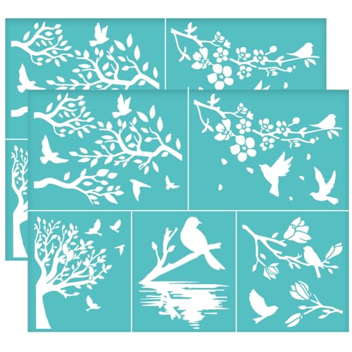 OLYCRAFT 2 Stück 28x22cm Baum Zweige Selbstklebende Siebdruck Schablone Blume Vögel Siebdruck Schablone Kirschblüte Mesh Stencils Transfer für Malerei auf Holz DIY T-Shirt Stoff von OLYCRAFT