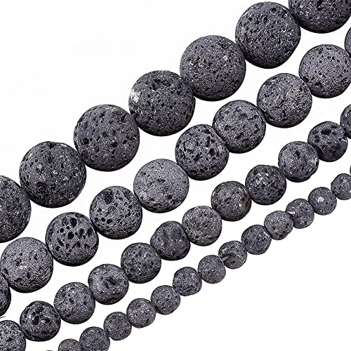 OLYCRAFT 243 Stück natürliche Lava-Perlen, 4 mm, 6 mm, 8 mm, 10 mm, ungefärbt, schwarze Chakra-Perlen, runde Edelsteine, lose Perlen, Halsketten, Schmuckherstellung – 4 Stile von OLYCRAFT