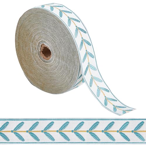 OLYCRAFT 25 m Jacquard-Bandbesatz 3 cm Jacquard-Polyesterbänder Hellblaues Blattmuster Jacquard-Gewebter Stickbesatz Für Vorhangdekoration Kleidungszubehör DIY Nähen Basteln von OLYCRAFT