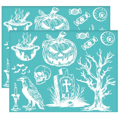 OLYCRAFT 2Pcs 28x22cm Kürbis Selbst Adhesive Silk Screen Printing Stencil Schädel Grabstein Mesh Stencils Halloween Thema Wiederverwendbare Mesh Schablonenübertragung von OLYCRAFT