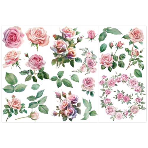 OLYCRAFT 3 Stück/Set Rosa Rosen Transferfolien Zum Aufreiben Für Möbel 15x30cm Rosendekor Transferaufkleber Vintage Blumenkranz Transferfolien Wasserdichte Dekorative Aufkleber von OLYCRAFT