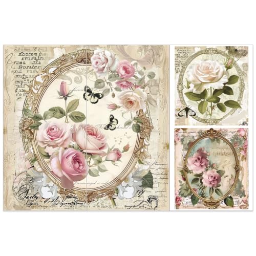 OLYCRAFT 3 Stück/Set Rosen Abziehbilder Zum Aufreiben Für Möbel Und Kunsthandwerk 15x30cm Vintage Fotorahmen Dekor Transferaufkleber Florale Abziehbilder Zum Aufreiben Für Holzmöbel Scrapbooking von OLYCRAFT