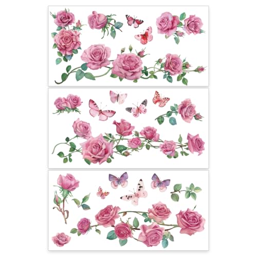 OLYCRAFT 3 Stück/Set Rosen Abziehbilder Zum Aufreiben Für Möbel Und Kunsthandwerk 30x15cm Große Rose Mit Schmetterlings Dekor Transferaufkleber Blumen Abziehbilder Zum Aufreiben von OLYCRAFT