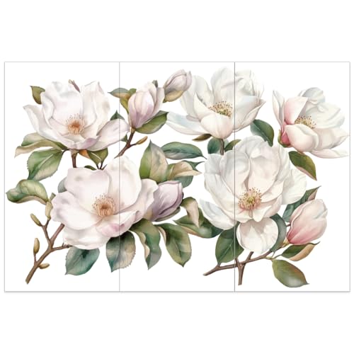 OLYCRAFT 3 Stück/Set Weiße Magnolien Transferfolien Zum Aufreiben Für Kunsthandwerk Und Möbel 15x30cm Große Magnolienblüten Transferaufkleber Pflanzenmotiv Wandkunst Aufkleber von OLYCRAFT