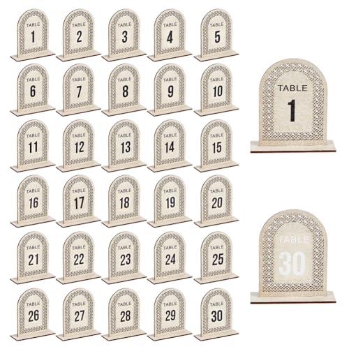 OLYCRAFT 30 Sets hölzerne Tischnummer Zeichen 8x11cm Zahlen 1~30 Rattan durchbrochene hölzerne Zeichen Hochzeitstisch Zahlen steht mit Basis Display für Restaurant Empfänge Hochzeit liefert von OLYCRAFT