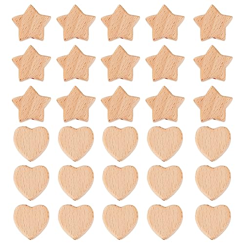 OLYCRAFT 30 Stück 2 Stile Natürliche Holzperlen Stern Herz Form Holzperlen Unlackierte Lose Holzperlen Ungefärbte Holz Abstandsperlen Mit 3 mm Loch Für DIY Handgefertigte Schmuckherstellung von OLYCRAFT