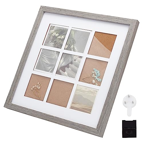 OLYCRAFT 33x33cm Quadratischer Holz Fotorahmen Ständer Grauer Bilderrahmen Display Für 9 Foto Großer Fotorahmen Display Mit Klarem Fenster Für Tischständer Und Wandaufhängung - 2cm Dicke von OLYCRAFT