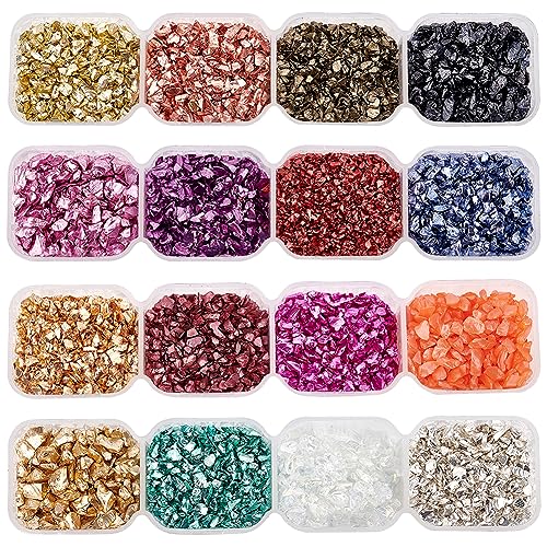 OLYCRAFT 144g Glaschips 16 Farben Crushed Glass Glitter Ungebohrte Glasperlen Für Nail Art Crafts Resin DIY Handyhülle Vase Füllstoffe Schmuck Making Home Decoration von OLYCRAFT