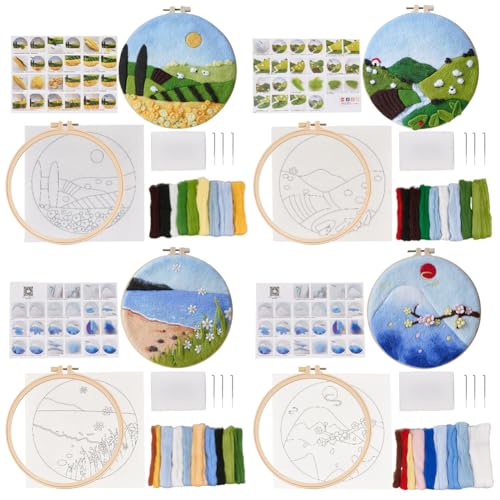 OLYCRAFT 4Sets Nadelfilz Starter Set Alpine Meadow Theme Filz Malerei Kit für Anfänger Wolle Filzen Zubehör mit Bilderrahmen Filznadeln Schaumstoffkissen Filztuch Anleitung für DIY-Filz-Wollprojekte von OLYCRAFT